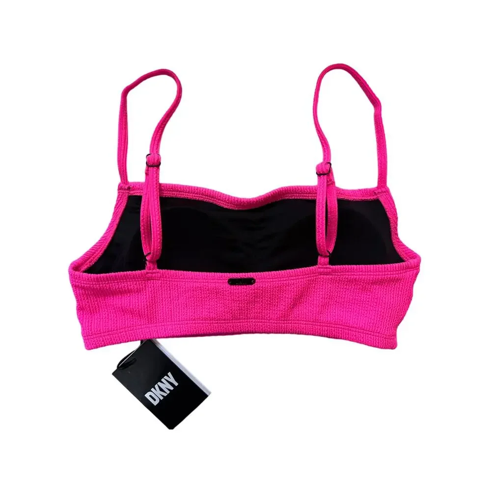 DKNY WOMENS SZ XS TEXTURED BRALETTE BIKINI TOP NEON PINK MICRO SCRUNCH NEW! - Picture 3 of 8